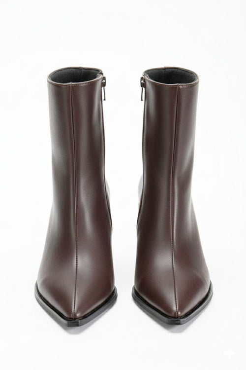 Sivri Burun Kalın Ökçe Yandan Fermuarlı Acı Kahve Topuklu Bot